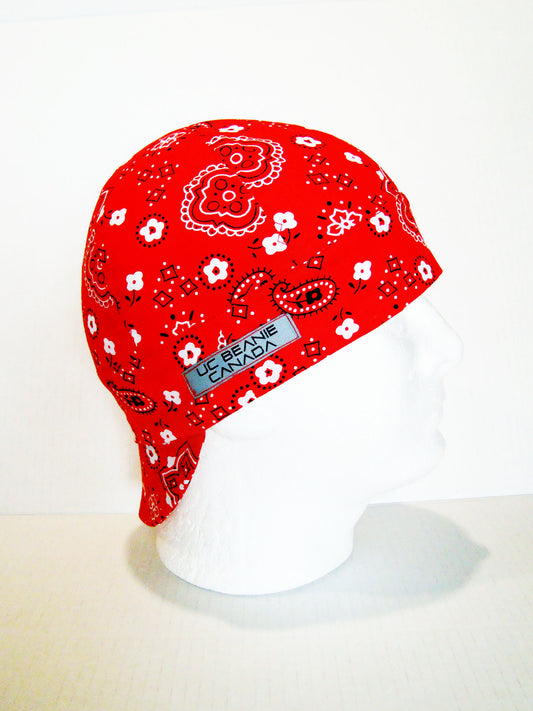 Red Paisley Bandanna welders cap hard hat liner reversible beanie skull cap fitters cap tradesman